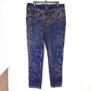 Chicos dark blue distressed copper metallic print denim jegging boho sz 2 / L